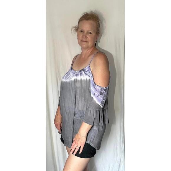 CHATOYANT Gray Dyed Cold Shoulder Sheer Blouse Top Womens L - Picture 2 of 6